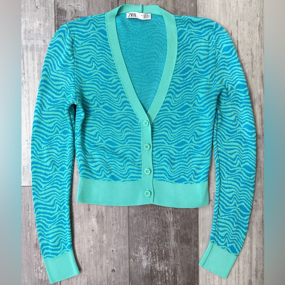 Zara Jacquard Wave Print Cropped Cardigan Turquoise Blue Green Size Small